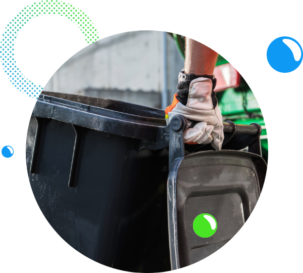 Garbage Truck Worker Moving Clean Black Trash Can Close Up with graphic elements